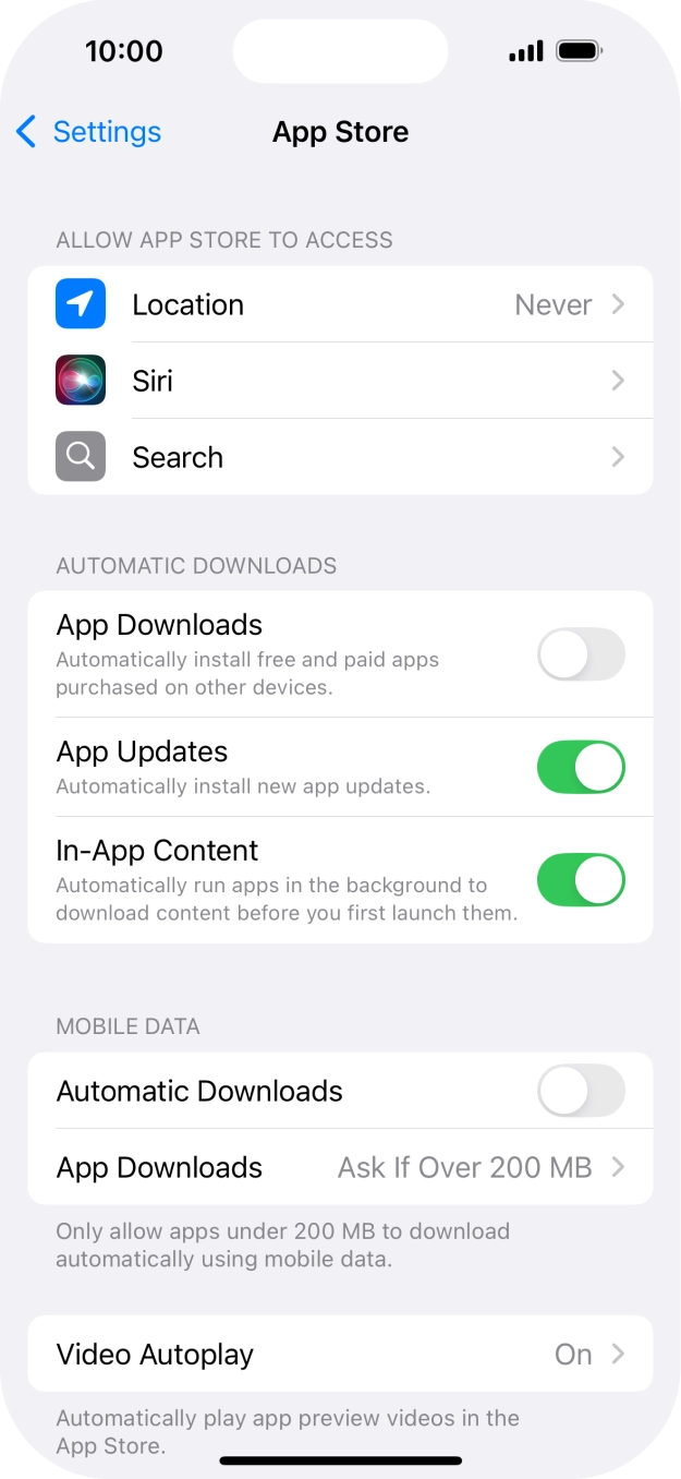 Press the indicator next to 'App Updates' to turn the function on or off. Press the indicator next to 'App Updates' to turn the function on or off.