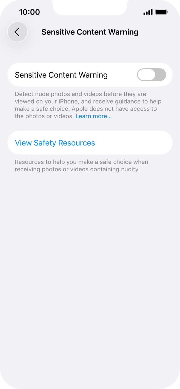 Press the indicator next to 'Sensitive Content Warning' to turn the function on or off. Press the indicator next to 'Sensitive Content Warning' to turn the function on or off.