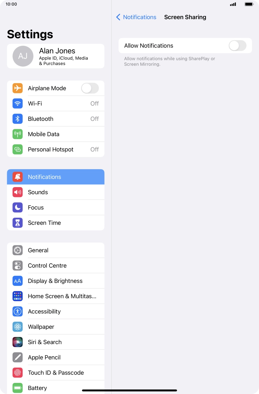Press the indicator next to 'Allow Notifications' to turn the function on or off. Press the indicator next to 'Allow Notifications' to turn the function on or off.