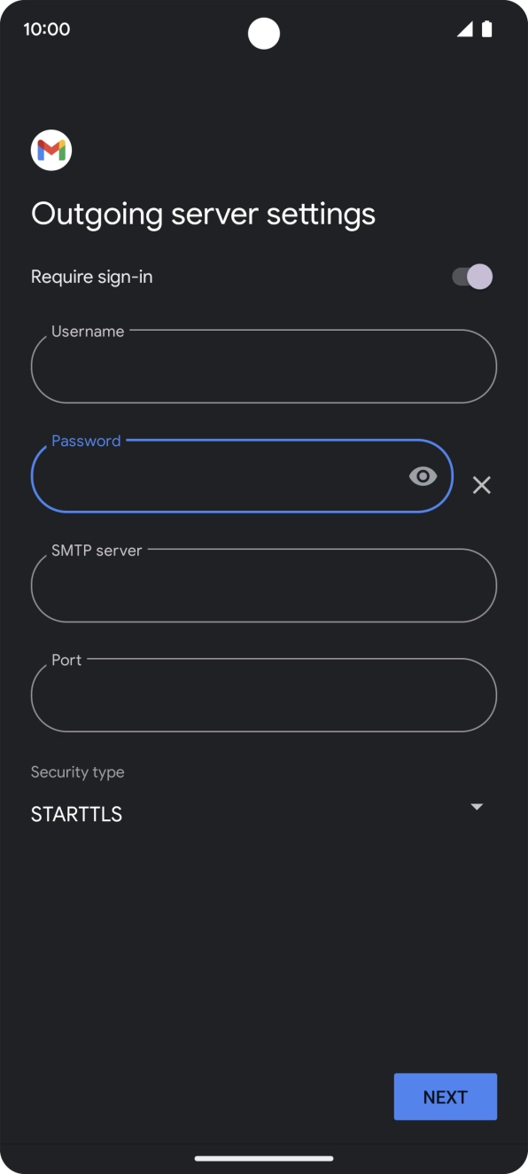 Press the field below 'SMTP server' and key in the name of your email provider's outgoing server. Press the field below 'SMTP server' and key in the name of your email provider's outgoing server.