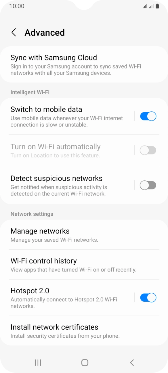 Press the indicator next to 'Switch to mobile data' to turn the function on or off. Press the indicator next to 'Switch to mobile data' to turn the function on or off.