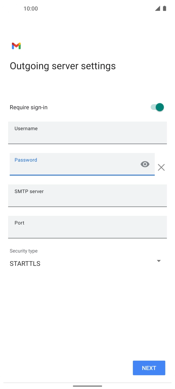 Press the field below 'SMTP server' and key in the name of your email provider's outgoing server. Press the field below 'SMTP server' and key in the name of your email provider's outgoing server.
