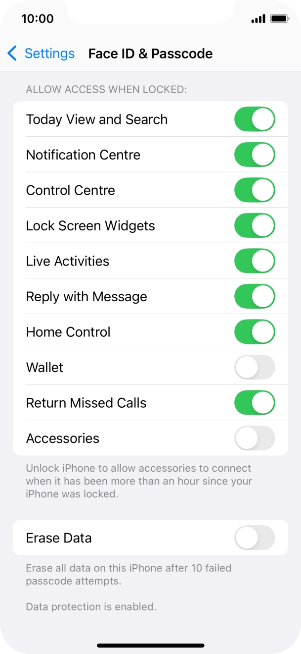 Press the indicator next to 'Erase Data' to turn the function on or off.