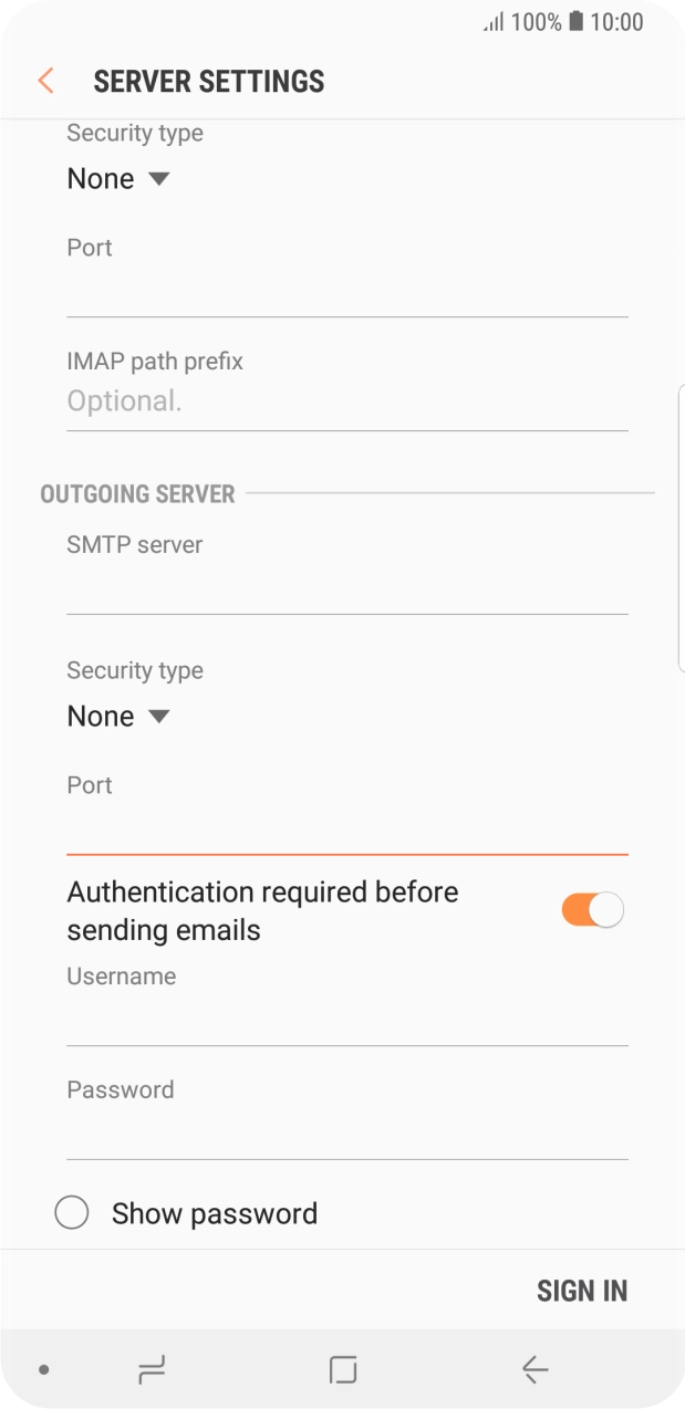 Press the indicator next to 'Authentication required before sending emails' to turn on the function. Press the indicator next to 'Authentication required before sending emails' to turn on the function.