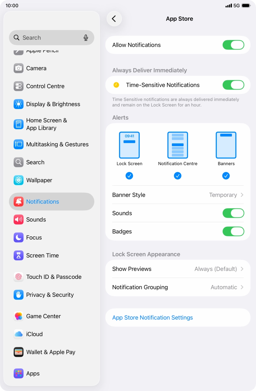 Press the indicator next to 'Allow Notifications' to turn notifications for the selected application on or off. Press the indicator next to 'Allow Notifications' to turn notifications for the selected application on or off.
