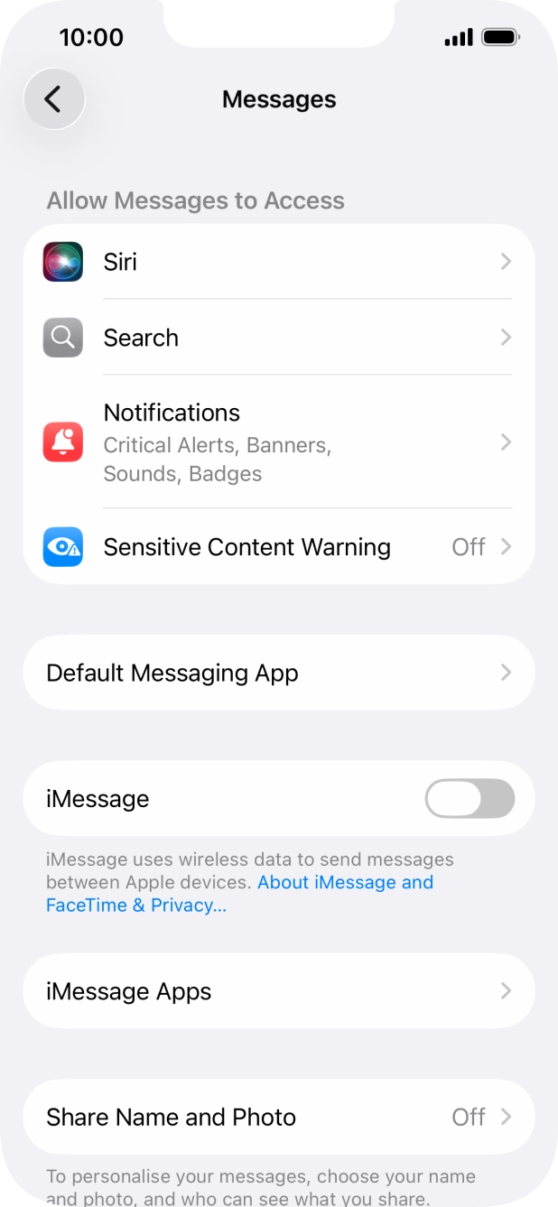 Press the indicator next to 'iMessage' to turn on the function.