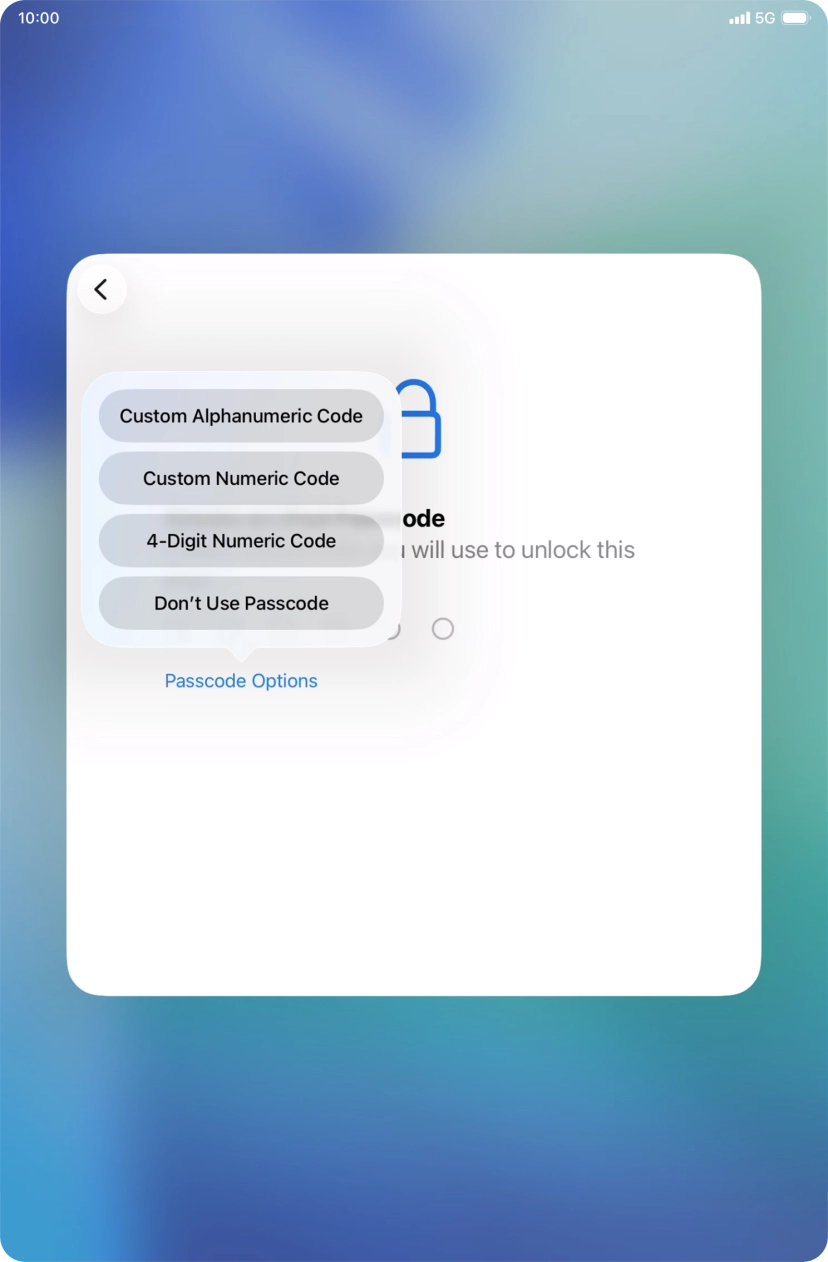Follow the instructions on the screen to turn on the lock code or press Don't Use Passcode. Follow the instructions on the screen to turn on the lock code or press Don't Use Passcode.