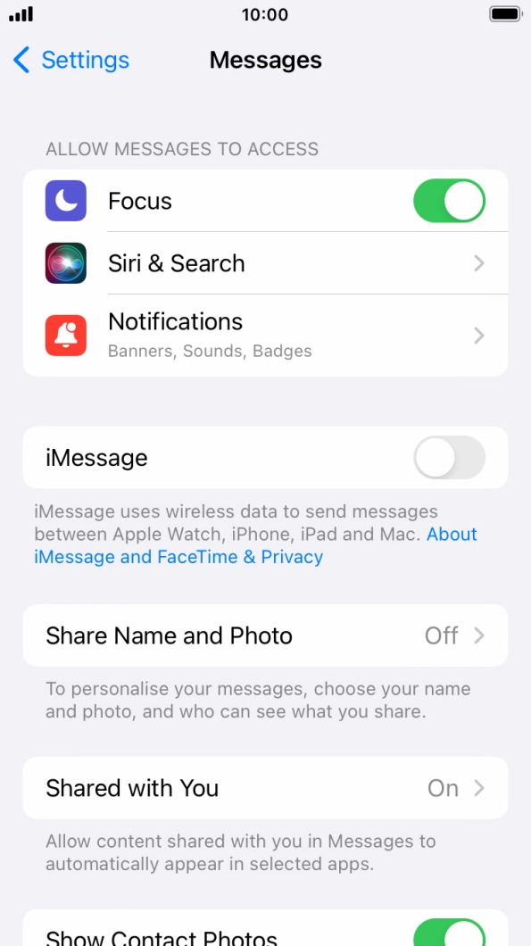 Press the indicator next to 'iMessage' to turn on the function.