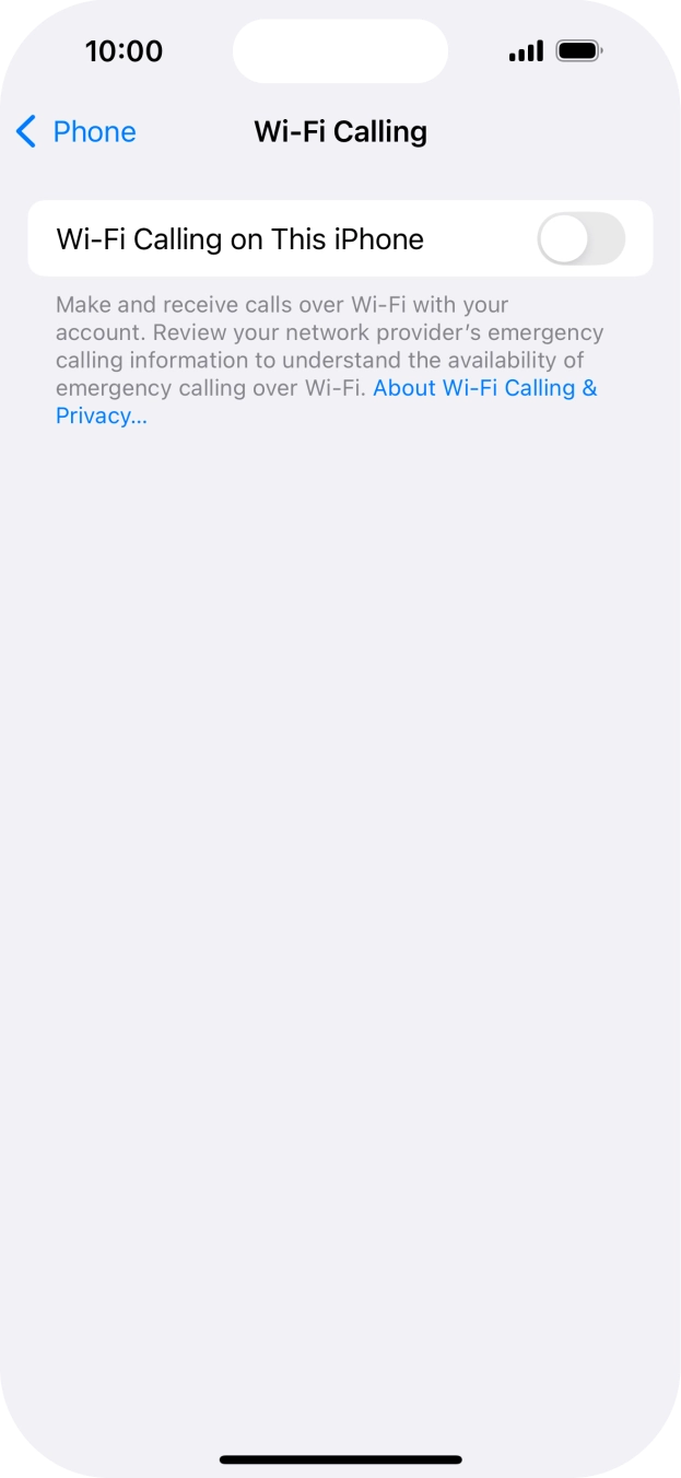 Press the indicator next to 'Wi-Fi Calling on This iPhone' to turn the function on or off. Press the indicator next to 'Wi-Fi Calling on This iPhone' to turn the function on or off.