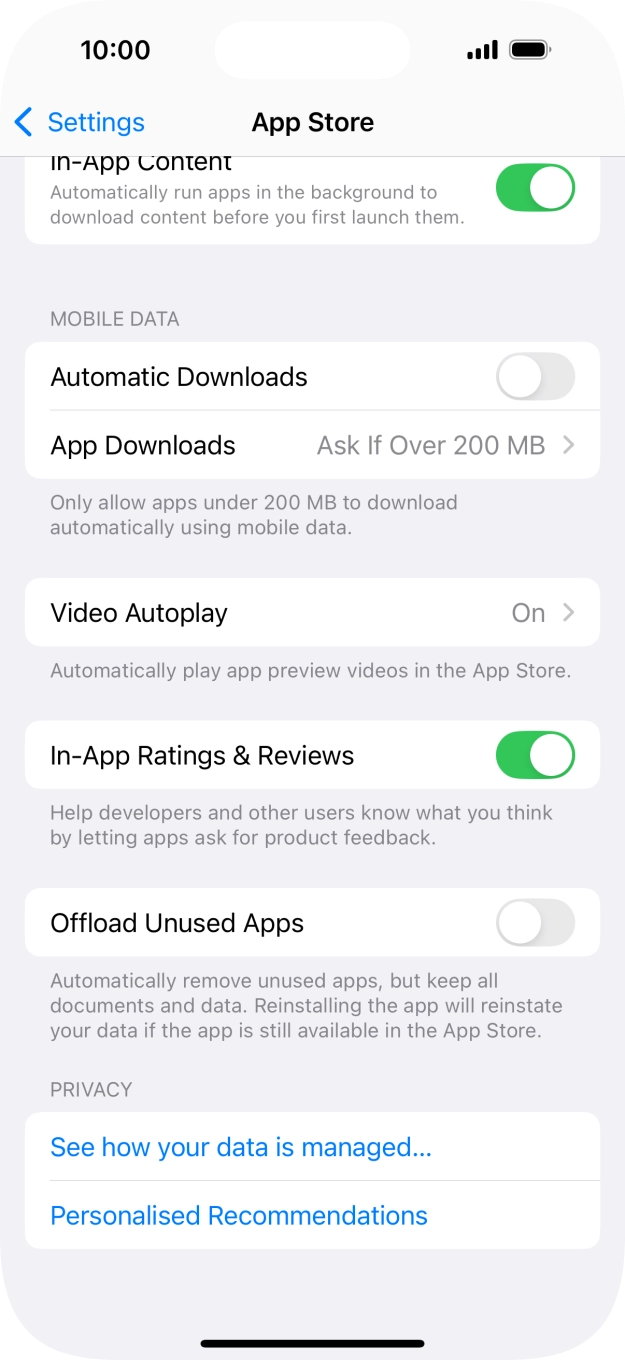 Press the indicator next to 'Offload Unused Apps' to turn the function on or off. Press the indicator next to 'Offload Unused Apps' to turn the function on or off.