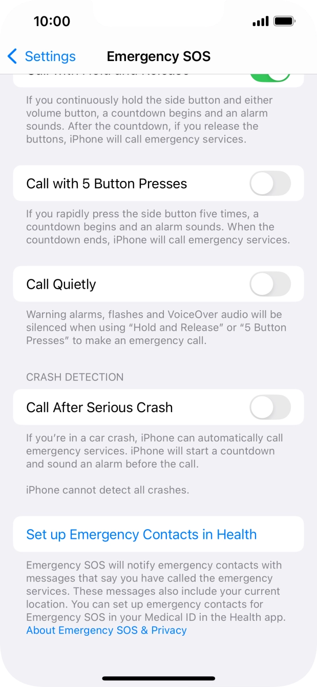 Press the indicator next to 'Call After Serious Crash' to turn on the function.