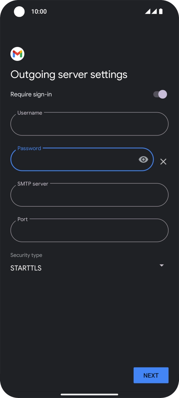 Press the field below 'SMTP server' and key in the name of your email provider's outgoing server. Press the field below 'SMTP server' and key in the name of your email provider's outgoing server.