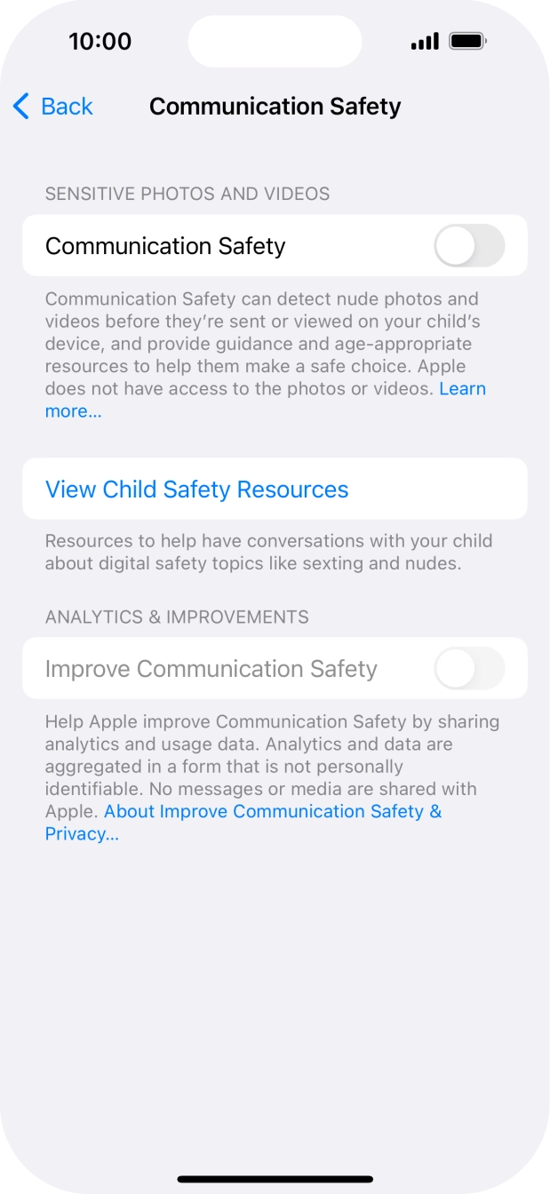 Press the indicator next to 'Communication Safety' to turn the function on or off. Press the indicator next to 'Communication Safety' to turn the function on or off.