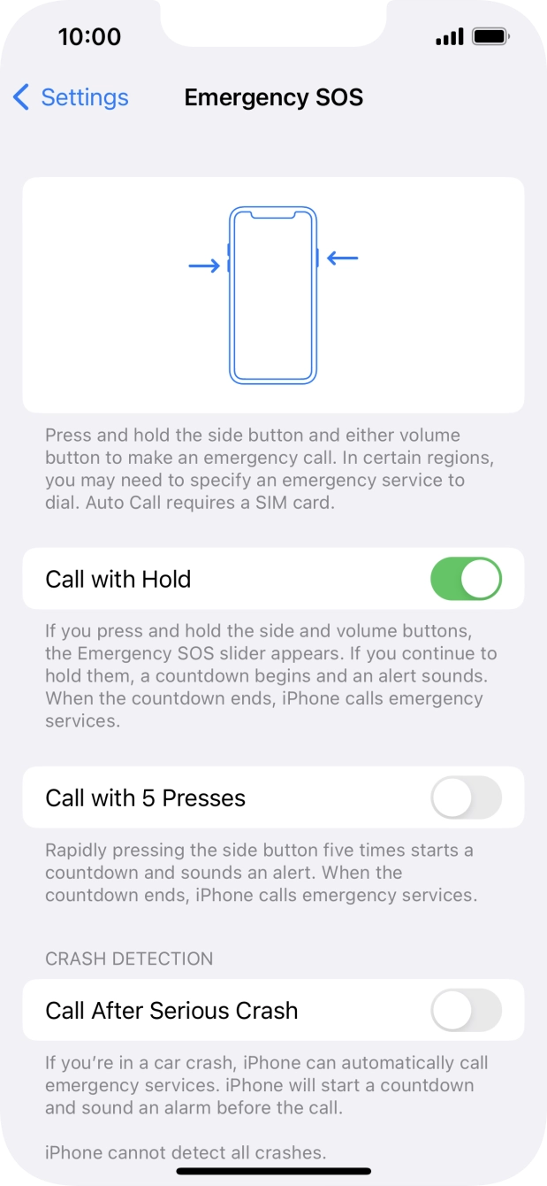 Press the indicator next to 'Call After Serious Crash' to turn on the function.