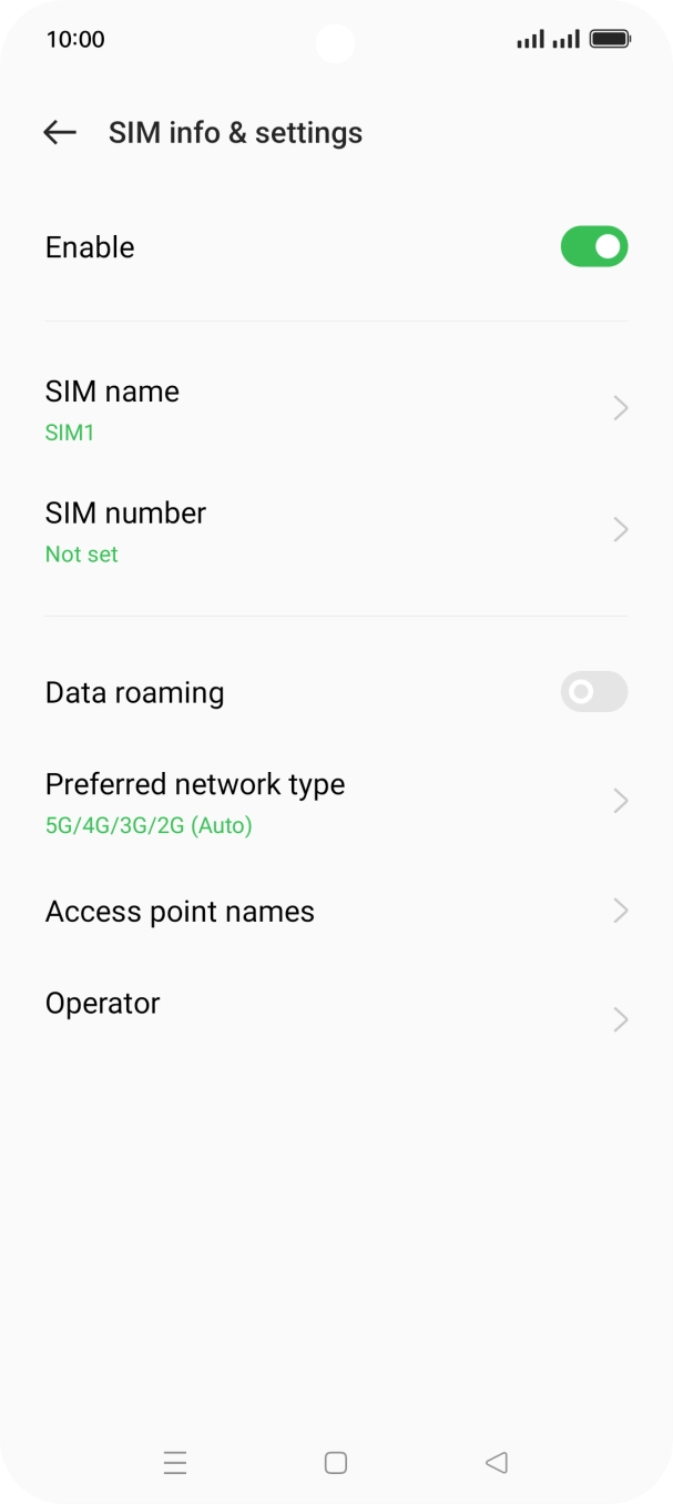 Press the indicator next to 'Enable' to turn use of the SIM on or off.