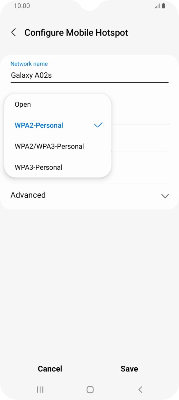 Press WPA3-Personal to password protect your WiFi hotspot. Press WPA3-Personal to password protect your WiFi hotspot.