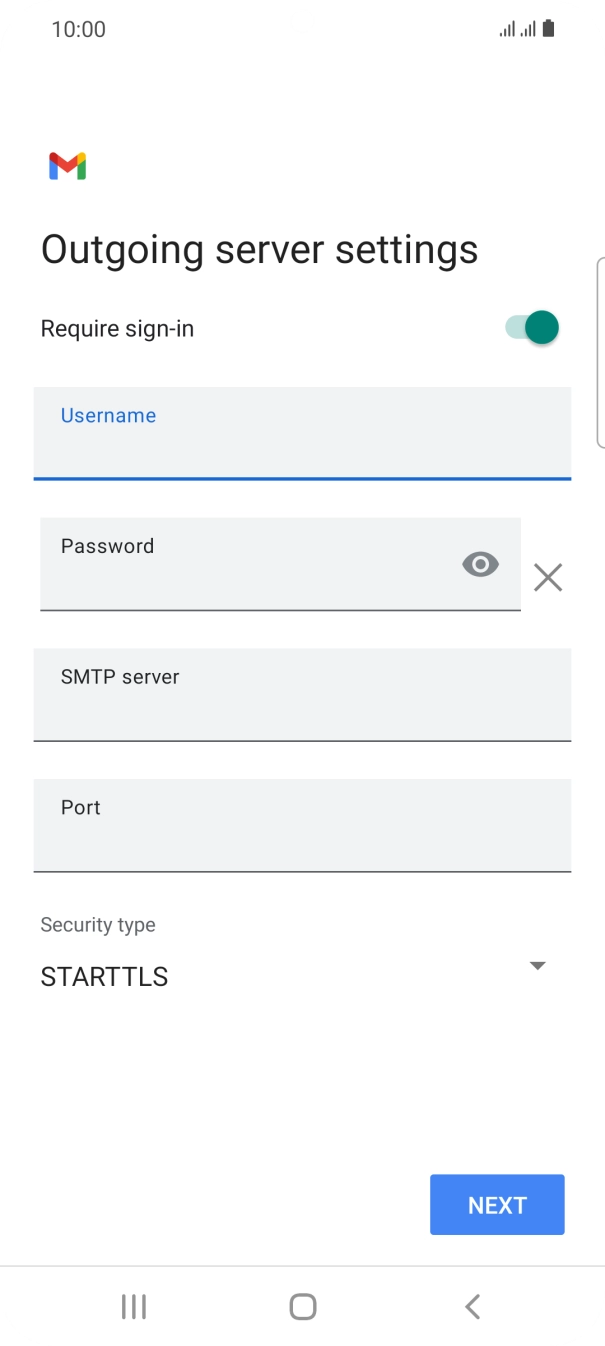 Press the field below 'Password' and key in the password of your email provider's outgoing server. Press the field below 'Password' and key in the password of your email provider's outgoing server.
