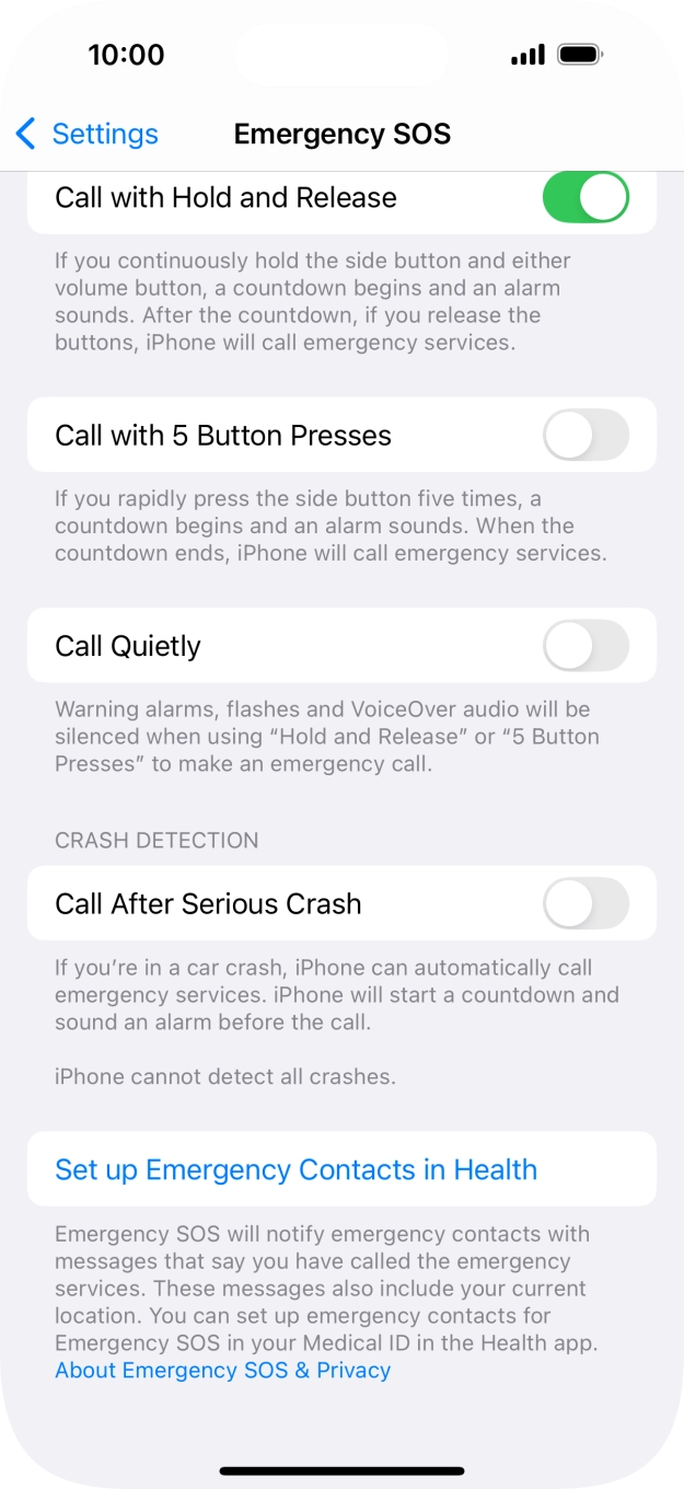 Press the indicator next to 'Call After Serious Crash' to turn on the function.