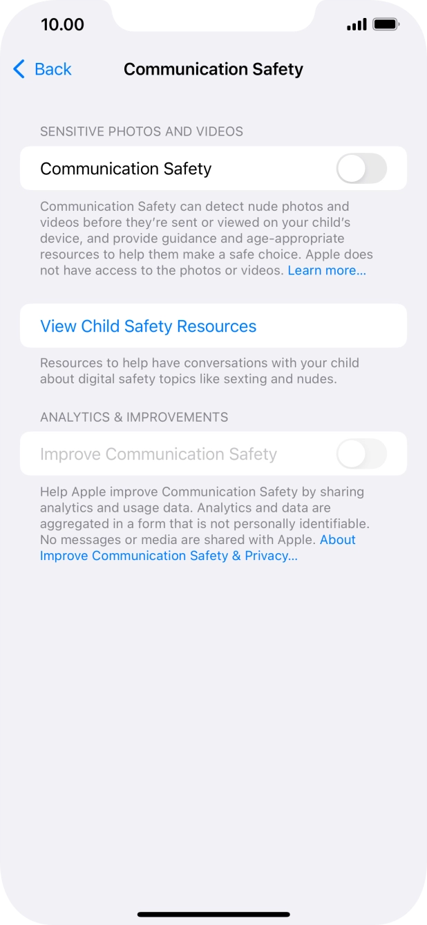 Press the indicator next to 'Communication Safety' to turn the function on or off. Press the indicator next to 'Communication Safety' to turn the function on or off.