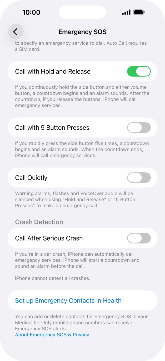 Press the indicator next to 'Call After Serious Crash' to turn on the function.