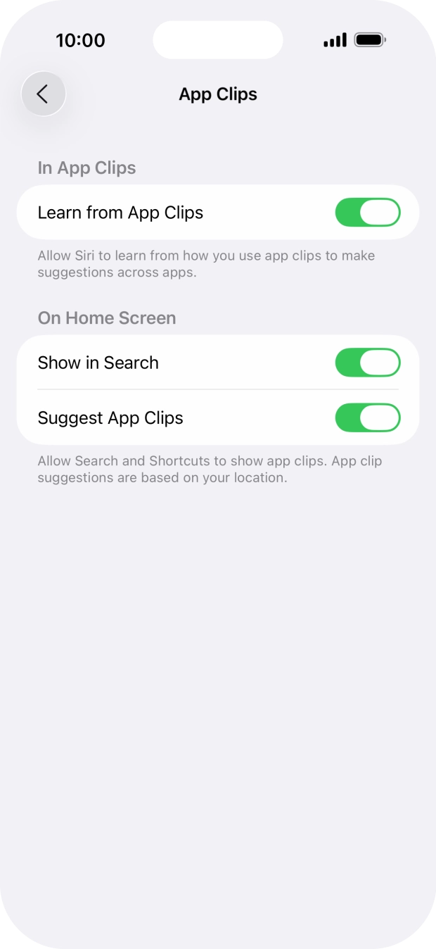 Press the indicators next to the required settings to turn them on or off.