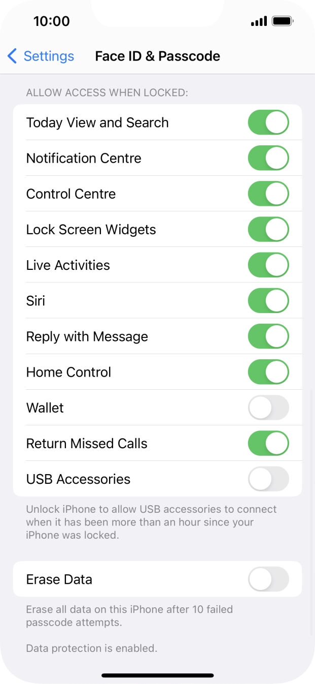 Press the indicator next to 'Erase Data' to turn the function on or off.