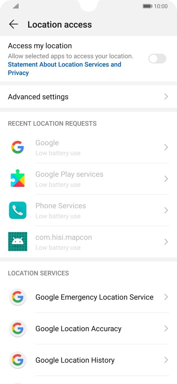Press the indicator next to 'Access my location' to turn the function on or off. Press the indicator next to 'Access my location' to turn the function on or off.