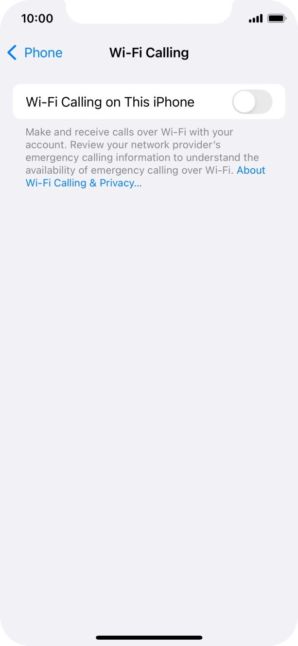 Press the indicator next to 'Wi-Fi Calling on This iPhone' to turn the function on or off. Press the indicator next to 'Wi-Fi Calling on This iPhone' to turn the function on or off.