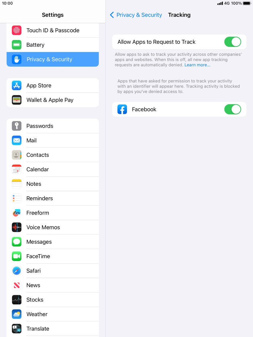 Press the indicator next to 'Allow Apps to Request to Track' to turn the function on or off.