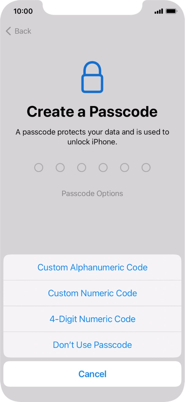 Follow the instructions on the screen to turn on the phone lock code or press Don't Use Passcode.
