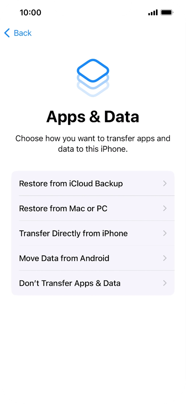 Press Don't Transfer Apps & Data and follow the instructions on the screen to finish the activation. Press Don't Transfer Apps & Data and follow the instructions on the screen to finish the activation.