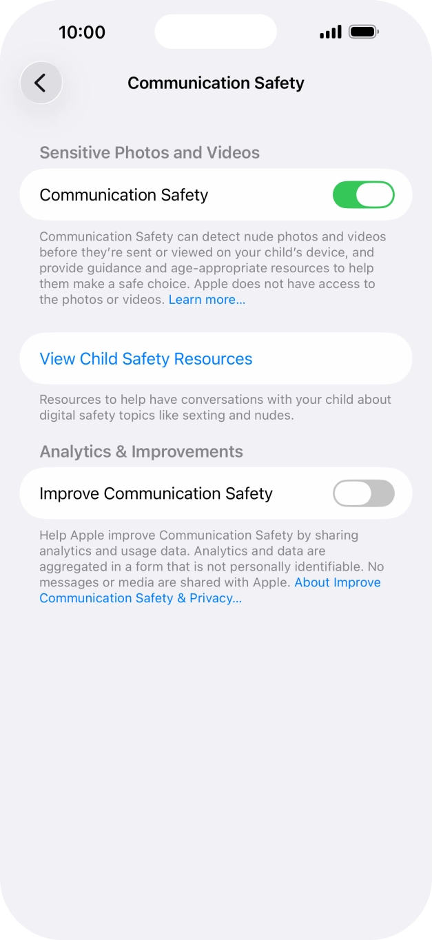 Press the indicator next to 'Communication Safety' to turn the function on or off. Press the indicator next to 'Communication Safety' to turn the function on or off.