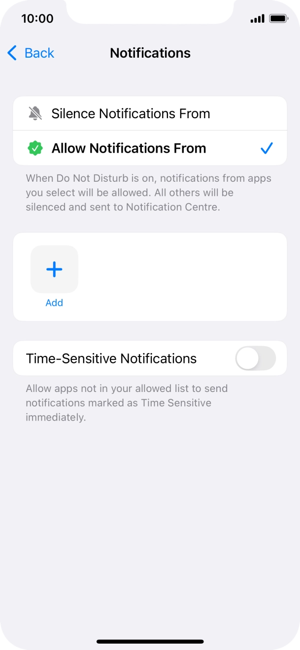 Press the indicator next to 'Time-Sensitive Notifications' to turn display of timed notifications on or off when Do Not Disturb is turned on. Press the indicator next to 'Time-Sensitive Notifications' to turn display of timed notifications on or off when Do Not Disturb is turned on.