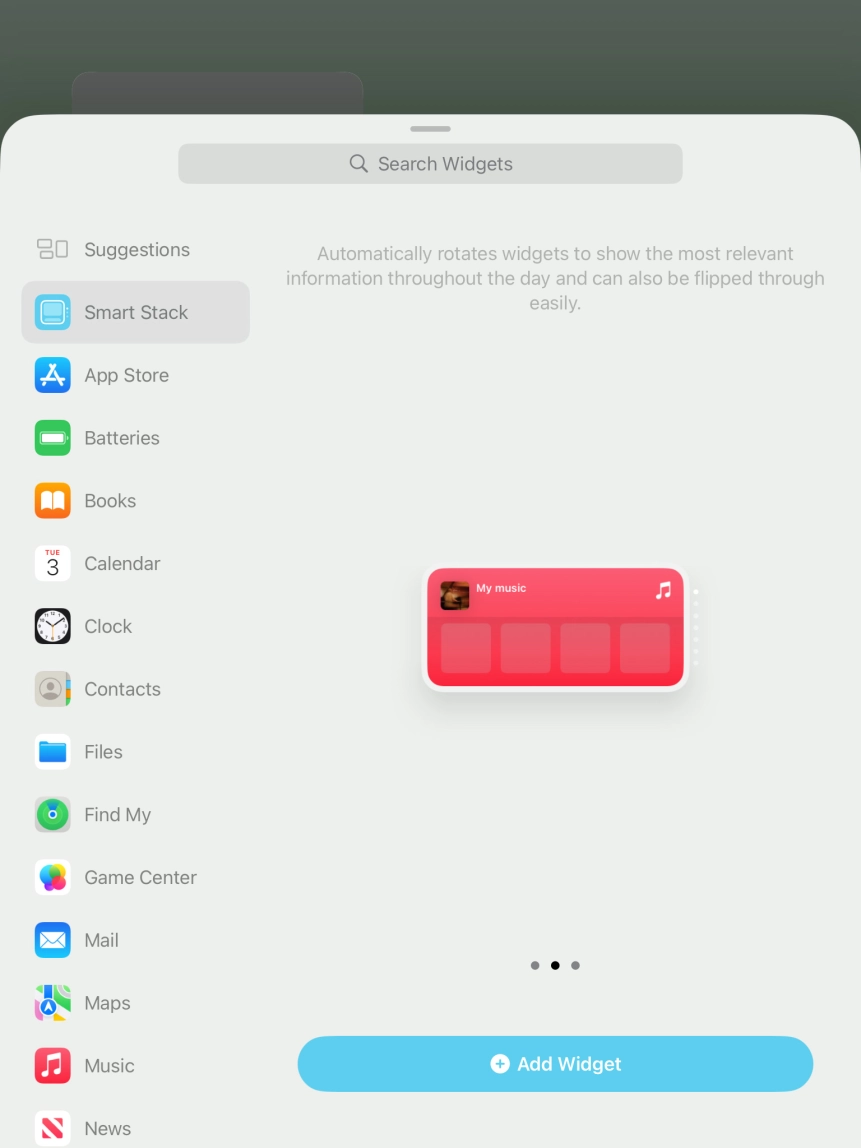 Slide your finger right or left on the screen to select the required widget size.