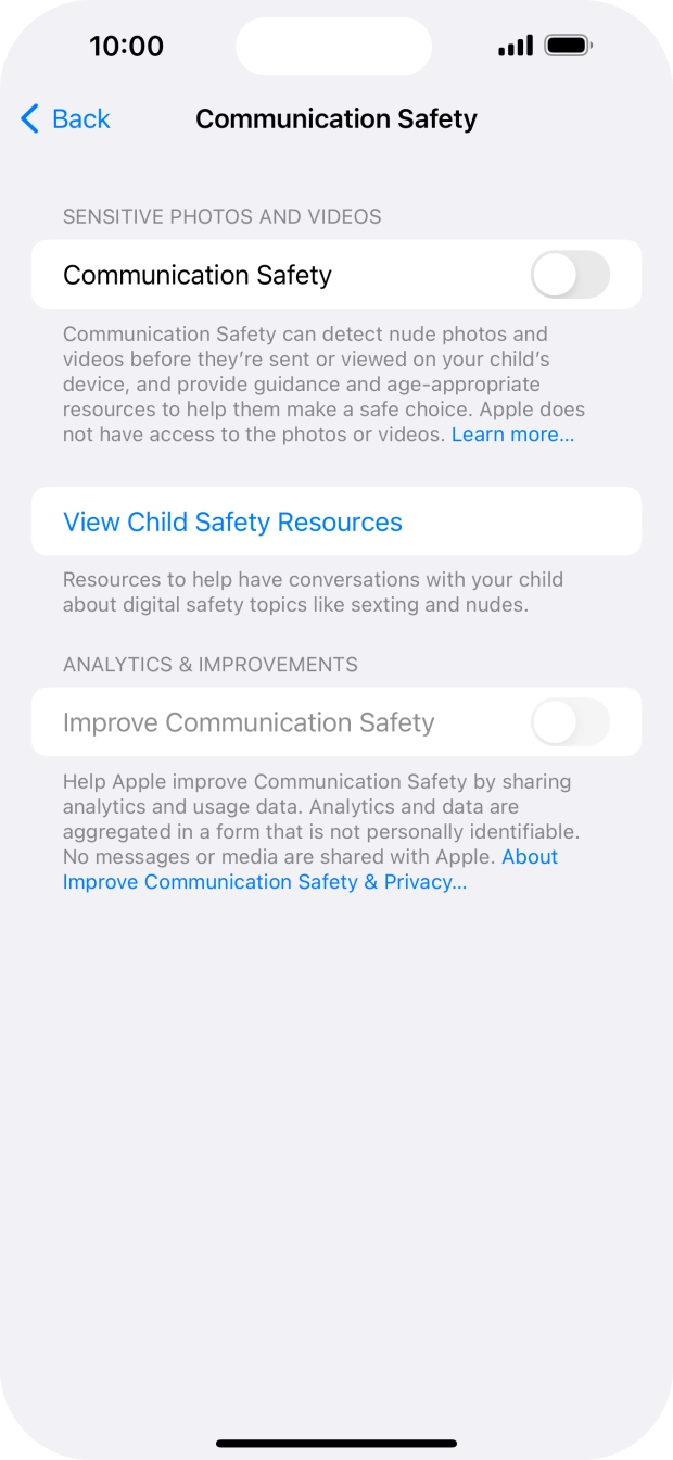 Press the indicator next to 'Communication Safety' to turn the function on or off. Press the indicator next to 'Communication Safety' to turn the function on or off.