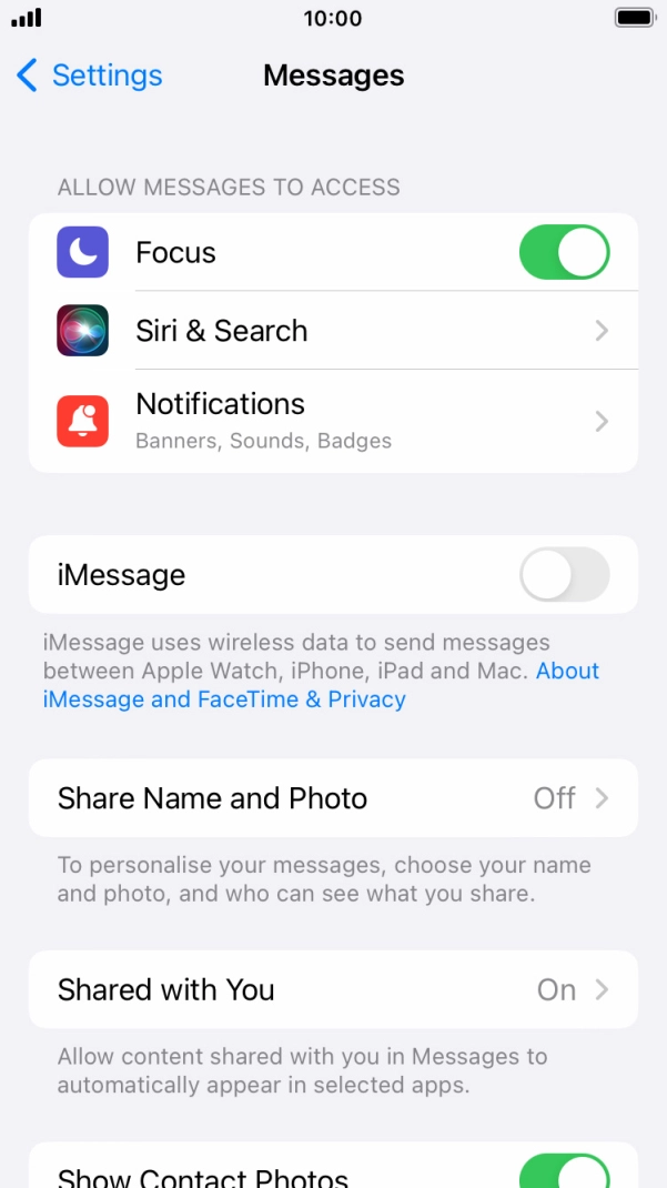 Press the indicator next to 'iMessage' to turn on the function.