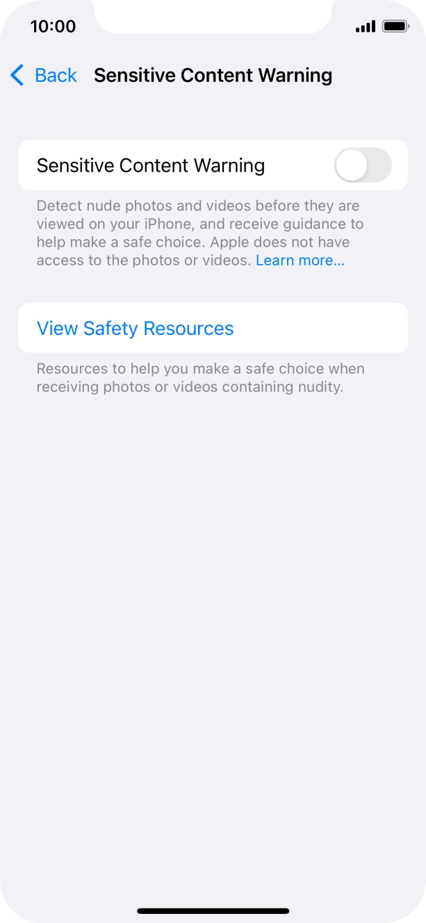 Press the indicator next to 'Sensitive Content Warning' to turn the function on or off. Press the indicator next to 'Sensitive Content Warning' to turn the function on or off.