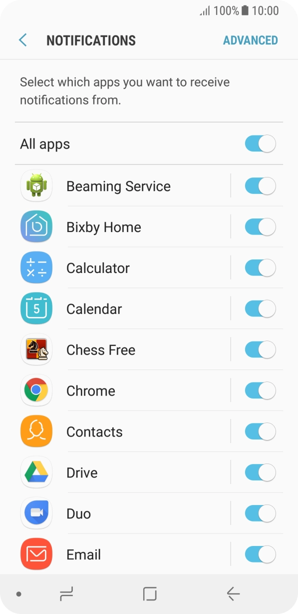 Press the indicator next to the required app to turn the function on or off. Press the indicator next to the required app to turn the function on or off.