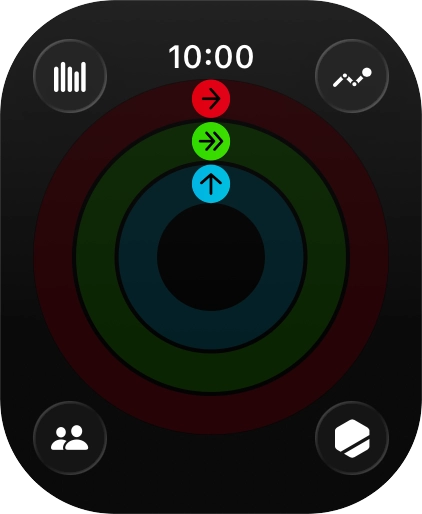 The screen will tell you how far you are from completing your daily activity goals. When the coloured rings are closed, you've reached the goals of your daily activity. The screen will tell you how far you are from completing your daily activity goals. When the coloured rings are closed, you've reached the goals of your daily activity.