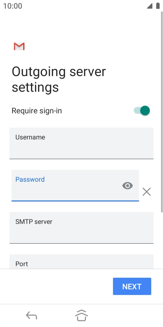 Press the field below 'SMTP server' and key in the name of your email provider's outgoing server. Press the field below 'SMTP server' and key in the name of your email provider's outgoing server.