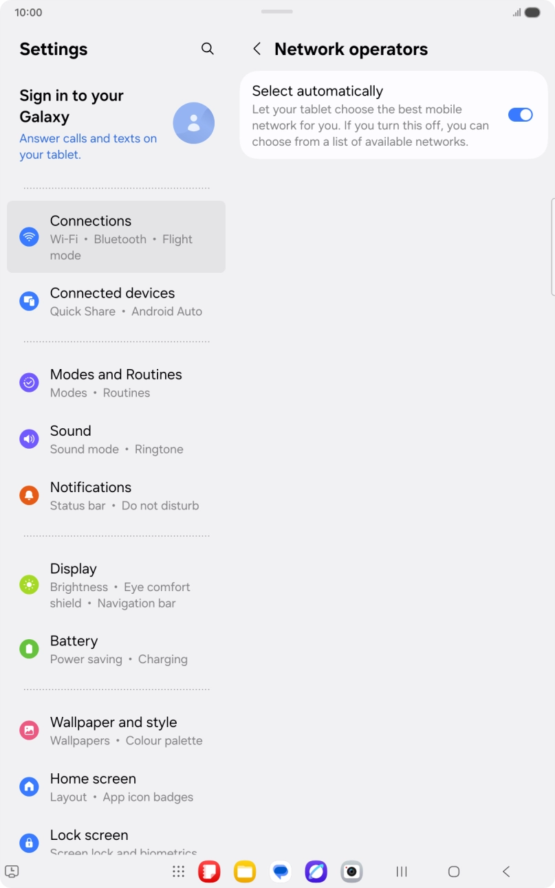 Press the indicator next to 'Select automatically' to turn off the function and wait while your tablet searches for networks. Press the indicator next to 'Select automatically' to turn off the function and wait while your tablet searches for networks.