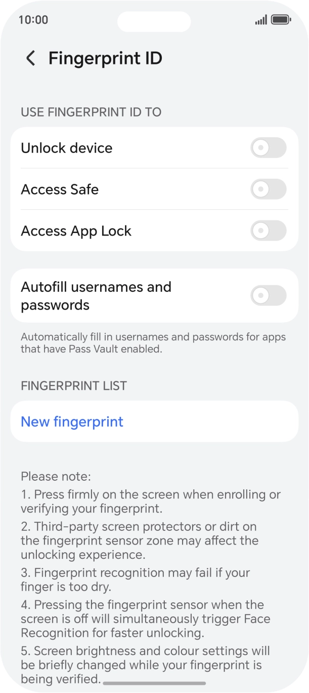 Press New fingerprint. Press New fingerprint.