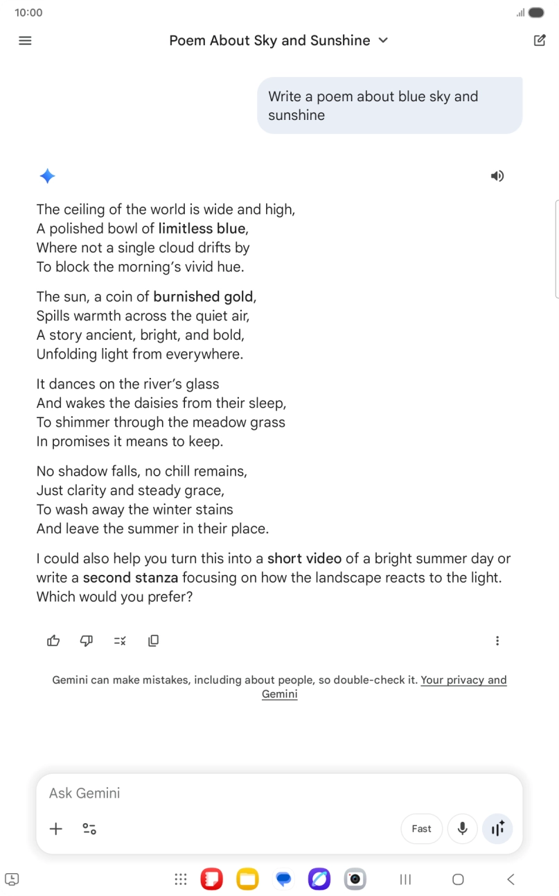 You can ask Gemini to generate a text based on your description. You can ask Gemini to generate a text based on your description.