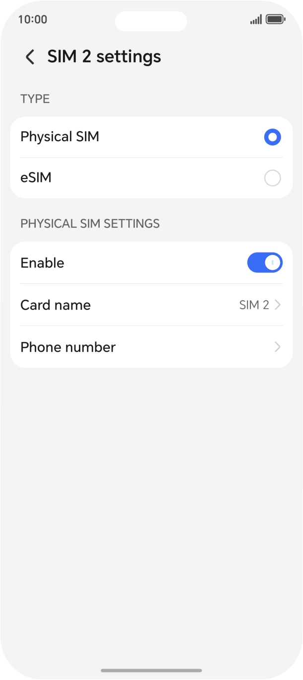 Press the indicator next to 'Enable' to turn use of the SIM on or off.