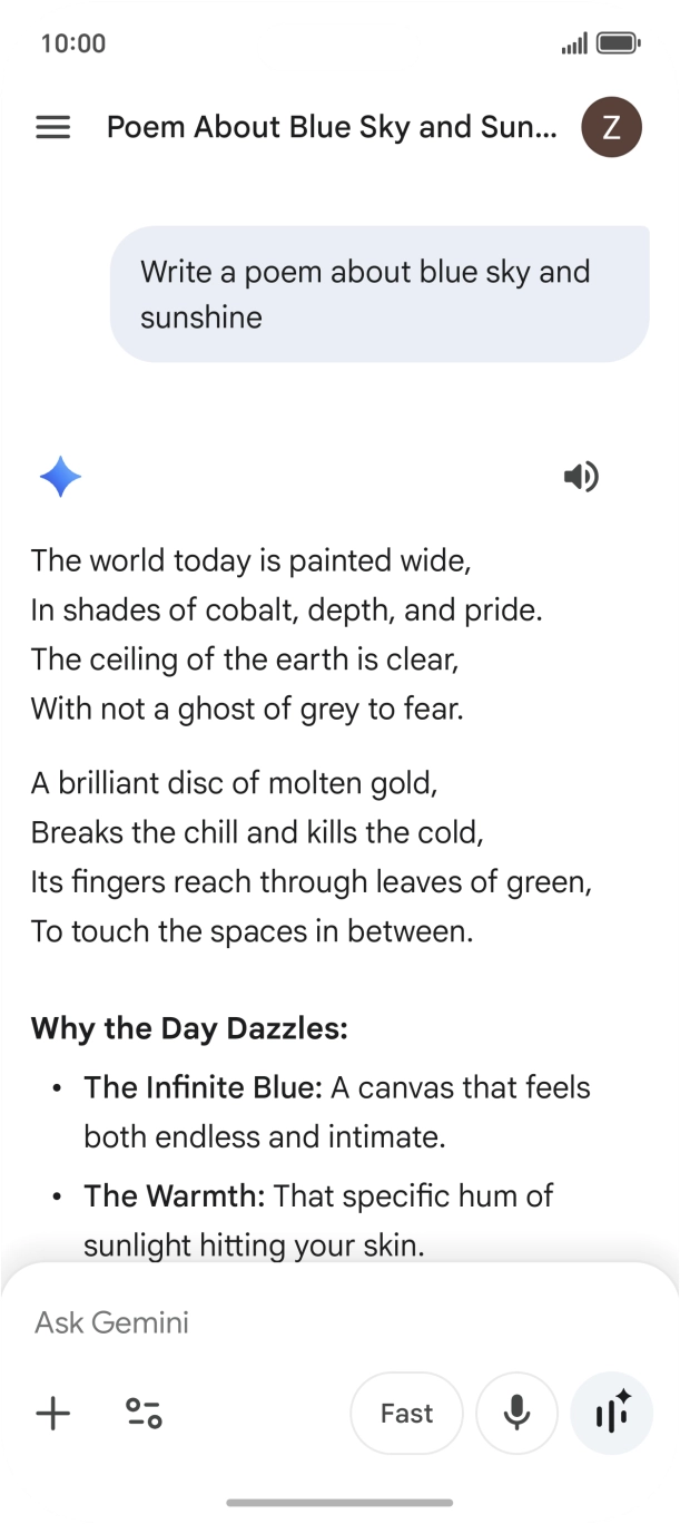 You can ask Gemini to generate a text based on your description. You can ask Gemini to generate a text based on your description.