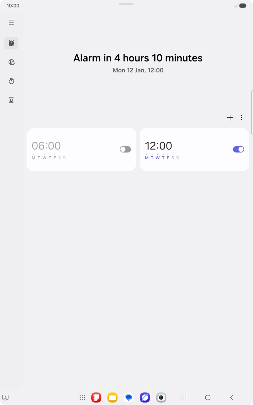 Press the indicator next to the required alarm to turn the alarm on or off.