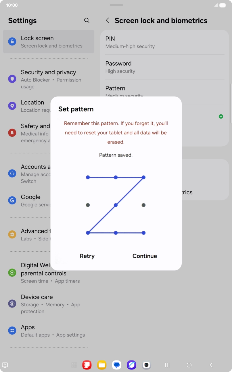 Slide your finger across the screen to connect at least four points and press Continue. Slide your finger across the screen to connect at least four points and press Continue.