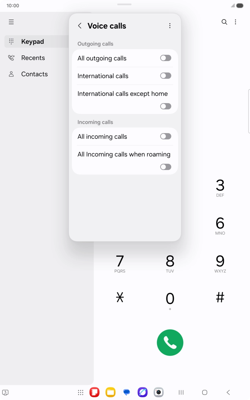 Press the indicator next to the required barring type to turn the function on or off.