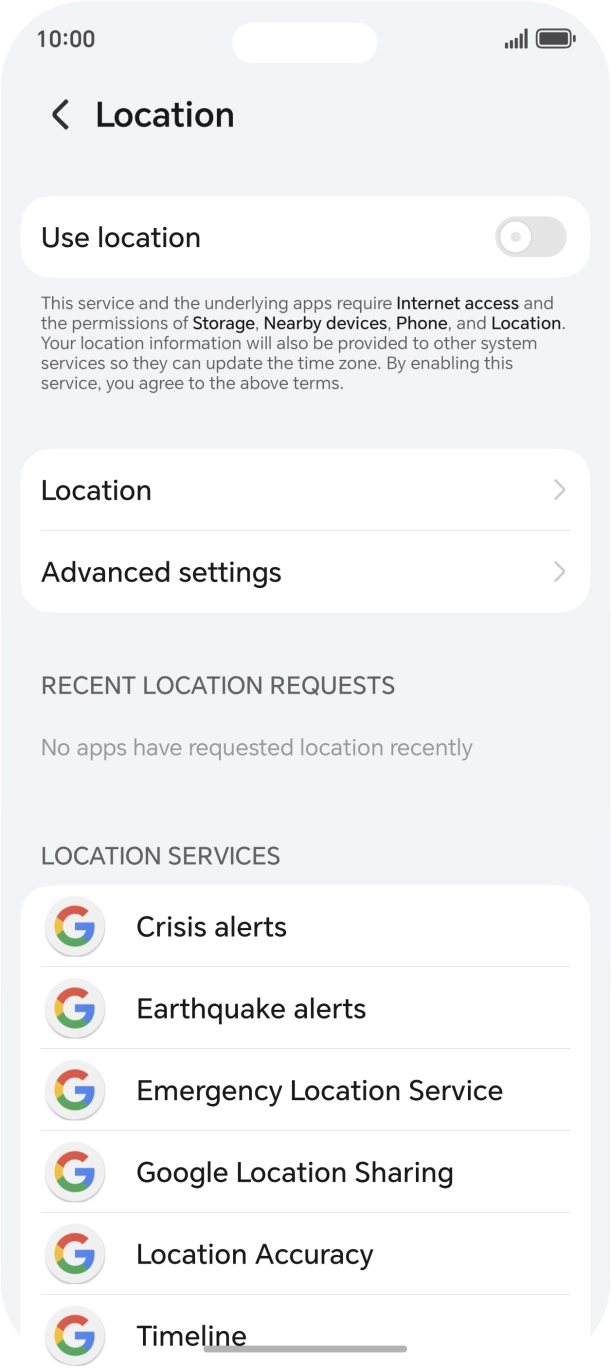 Press the indicator next to 'Use location' to turn the function on or off.