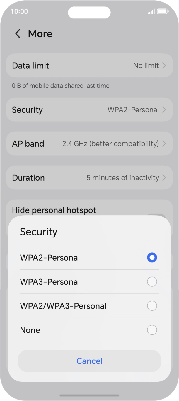 Press WPA3-Personal to password protect your WiFi hotspot.